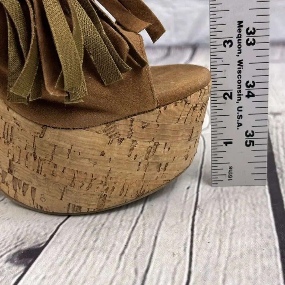 Enigma Fringe Wedge Sandal Womens Size 37 /6.5 US Brown Faux Suede Boho Hippie